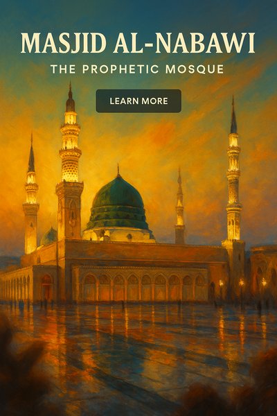 Artistic depiction of Masjid Al-Nabawi with vibrant colors