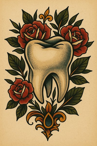 Vintage Style Tooth Illustration with Roses