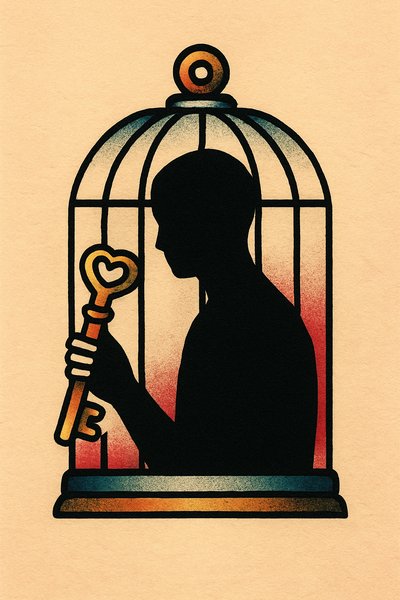 Silhouette with a Key in a Cage Tattoo Design