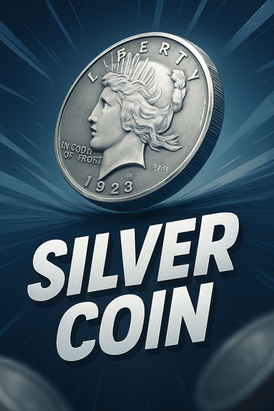Dynamic Silver Coin Illustration with Bold Typography