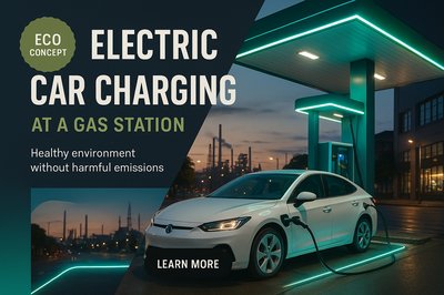 Realistic Electric Car Charging at Urban Gas Station
