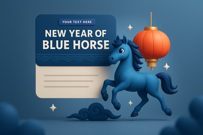 3D Design of Blue Horse New Year Themed Illustration