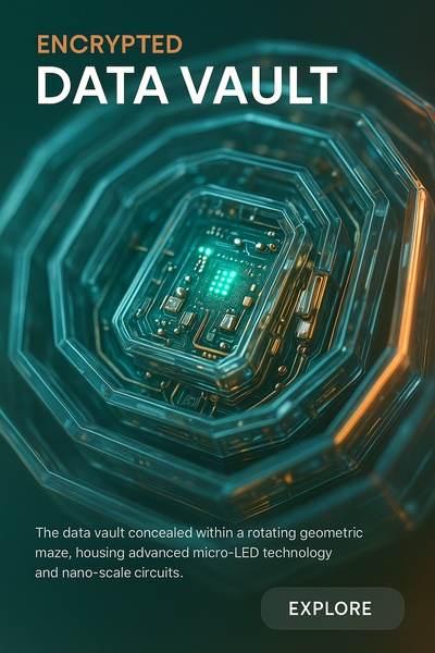 Hyperrealistic Rotating Geometric Data Vault with LED Technology