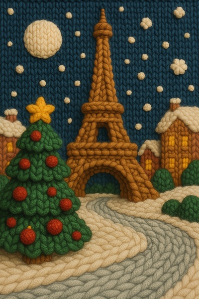 Knitted Eiffel Tower in a Cozy Christmas Scene