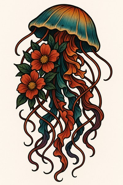 Artistic Illustration of Jellyfish with Floral Elements