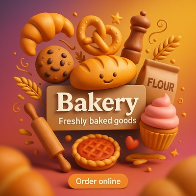 3D Bakery Illustration with Freshly Baked Goods