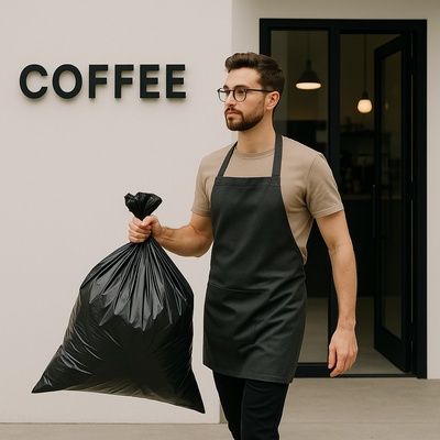 Barista Taking Out Trash in Minimalist Coffee Shop