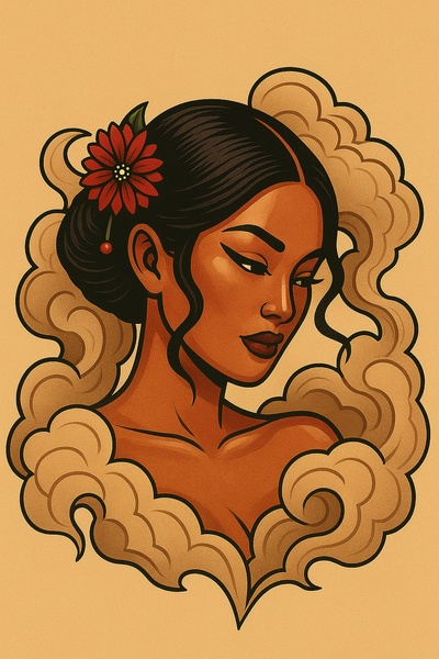 Elegant Woman Surrounded by Smoke in Tattoo Style