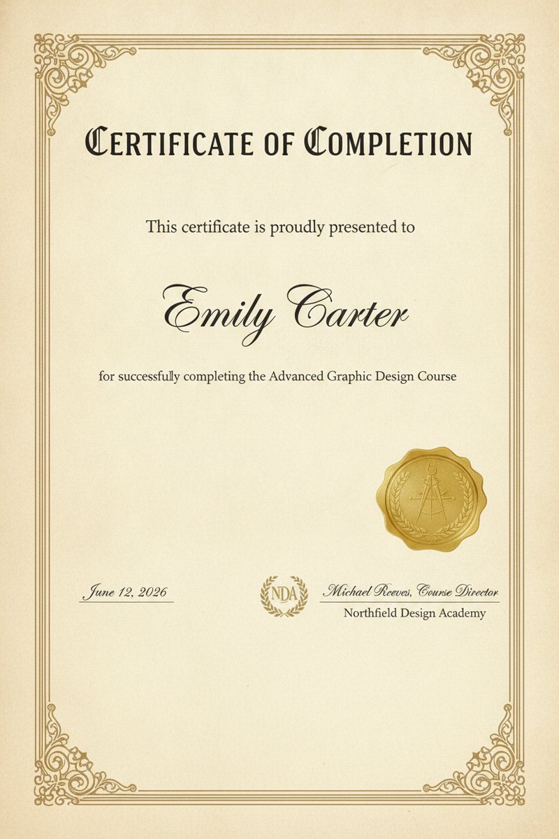 Elegant vintage completion certificate