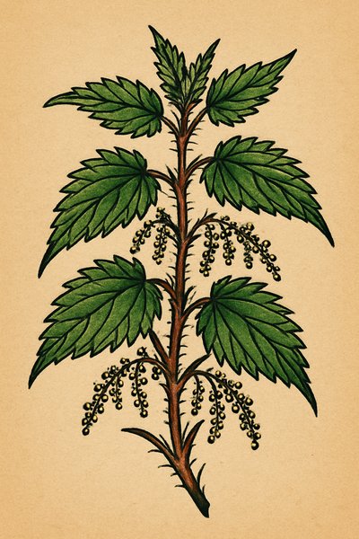 Illustration of Nettle Plant with Detailed Leaves and Flowers