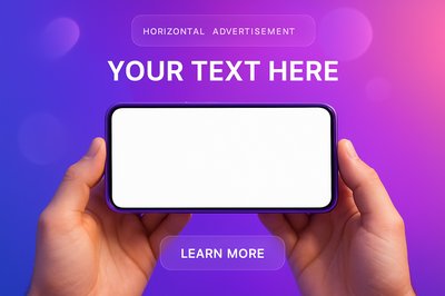 Futuristic Vertical Advertisement with Purple Hands and Modern UI