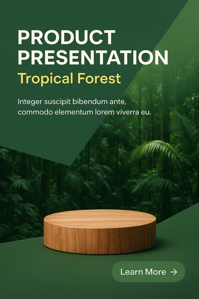 Wooden Podium in Tropical Forest for Product Presentation