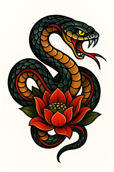 Vibrant Snake and Lotus Tattoo Design