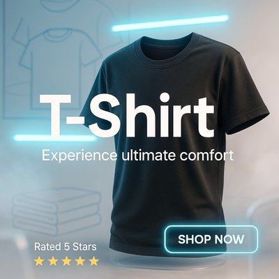 Promotional T-Shirt Advertisement with Modern Design Elements