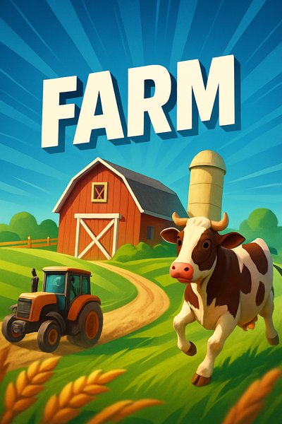 Colorful Farm Scene with Tractor and Cow Illustration