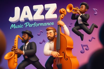 Dynamic 3D Jazz Performance Illustration with Bold Typography