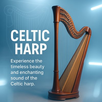 Elegant Celtic Harp Display with Modern Lighting