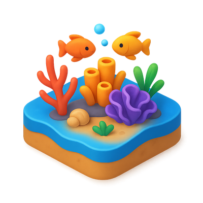 Colorful 3D Icon of a Barrier Reef with Fish and Coral