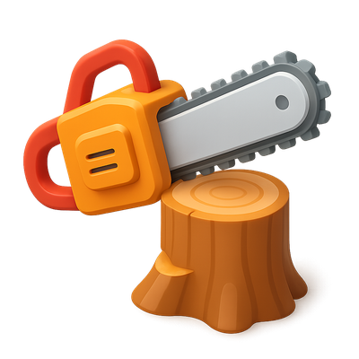 Colorful 3D Chainsaw Icon on Wood Stump