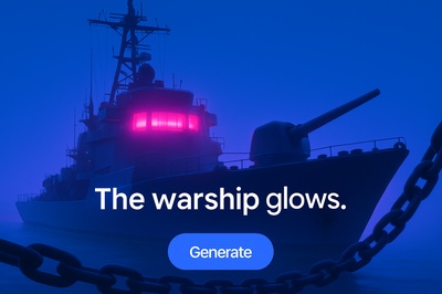 Fluorescent Warship Emitting Neon Glows in Blue Atmosphere