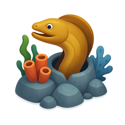 3D Moray Eel Icon with Coral and Rocks