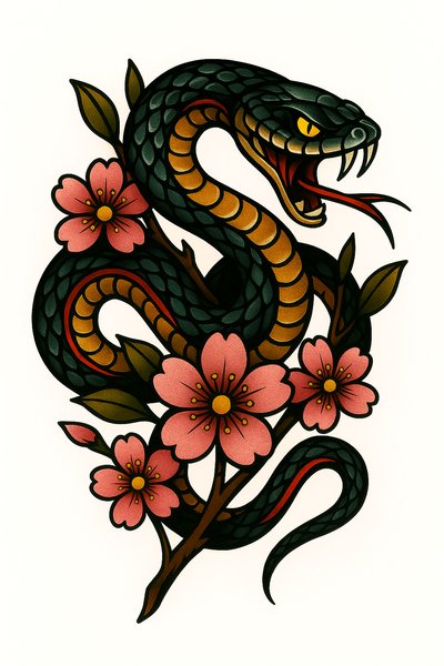 Vibrant Snake and Flower Tattoo Design