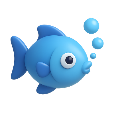 Stylized 3D Blue Fish Icon with Bubbles