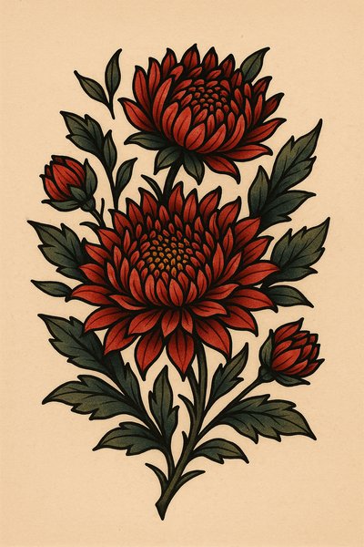 Vibrant Floral Illustration of Red Chrysanthemums