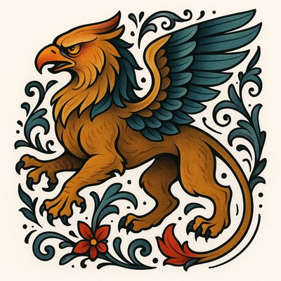 Illustrative Griffin Artwork with Floral Elements