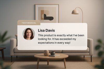 Modern 3D Living Room with Testimonial Display