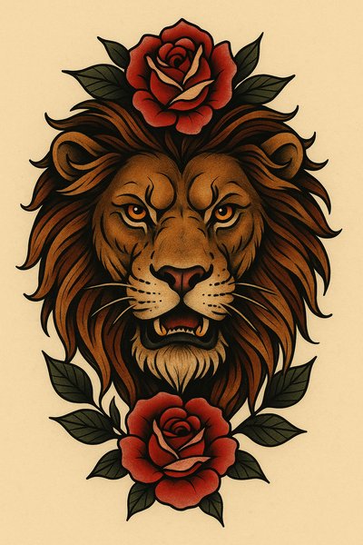 Detailed lion illustration with roses in vintage style