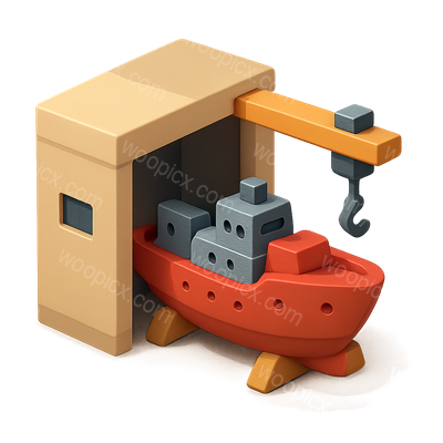 3D Icon of a Ship in a Dock with Crane