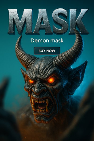 Realistic Demon Mask with Glowing Eyes and Dynamic Composition