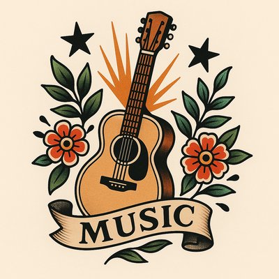 Vintage Music-Themed Illustration with Guitar and Floral Elements