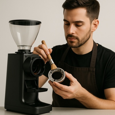 Barista Cleaning a Modern Coffee Grinder in Minimalist Style