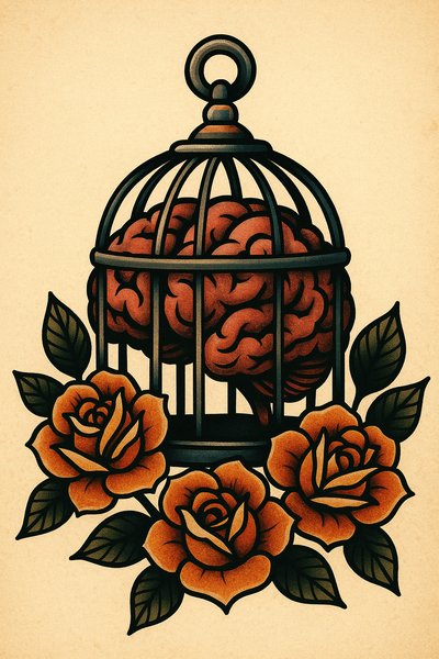 Brain in a Cage Tattoo Design Symbolizing Limiting Beliefs