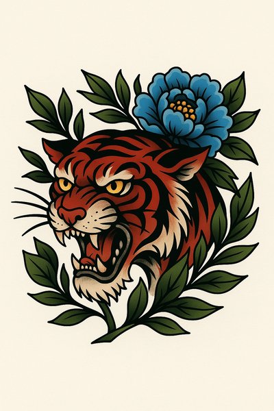 Vibrant Tiger Head Illustration with Floral Elements