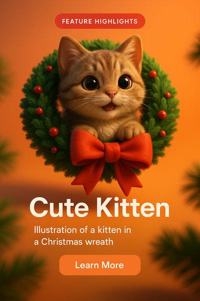 Cute Kitten in a Christmas Wreath Illustration for Holiday Promotions