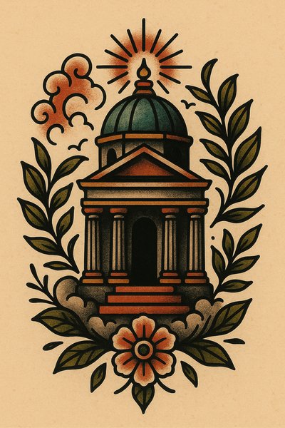 Illustrative Graphic of a Classical Structure Surrounded by Nature