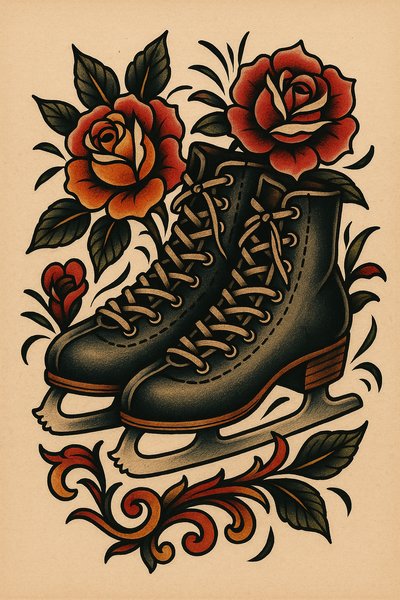 Vintage Tattoo Style of Ice Skates with Roses