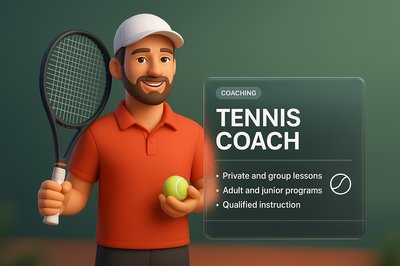 3D Illustration of a Tennis Coach with Lesson Details