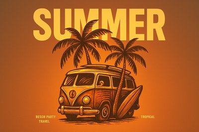Bold Tropical Summer Logo Design with Palms and Van