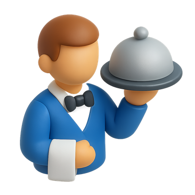 Stylized 3D Waiter Icon with Tray in Isometric View