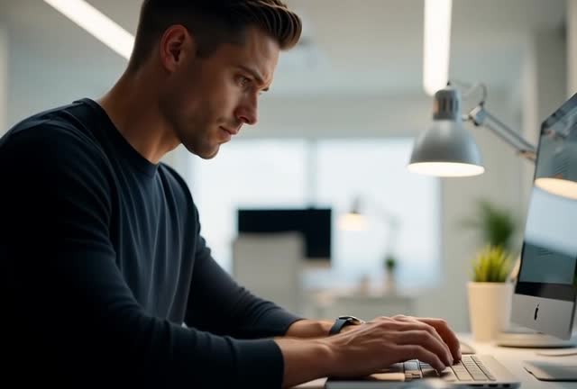 Focused Young Man Typing at Computer in Modern Office
