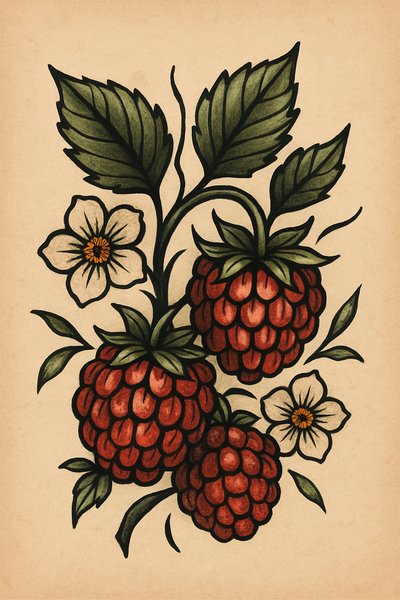 Vintage botanical illustration of raspberries and flowers