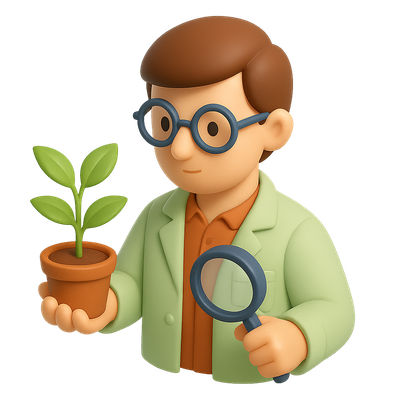 3D Botanist Icon with Plant and Magnifying Glass
