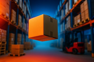 Dynamic Retail Warehouse Scene with Floating Box