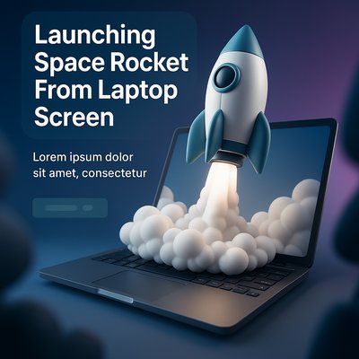 3D Illustration of Rocket Launching from Laptop Screen