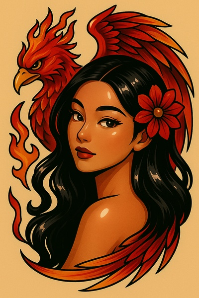 Artistic Tattoo Style Illustration of a Girl with Phoenix