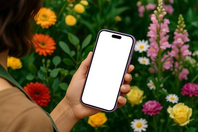 Florist Holding Purple Phone Surrounded by Flowers